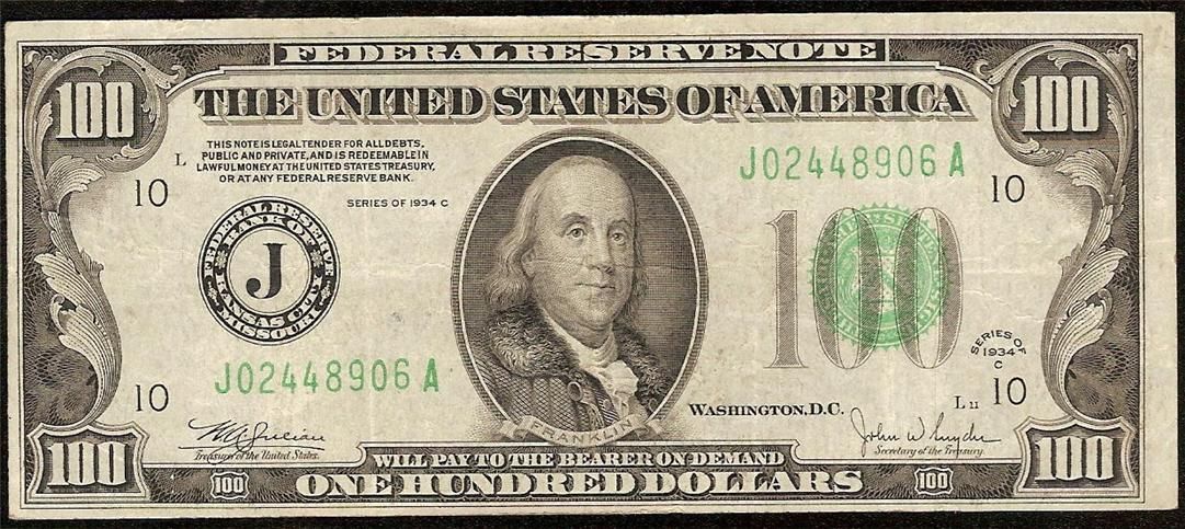 1934 C $100 Dollar Bill Federal Reserve Note Kansas Fr 2155 J Only 401