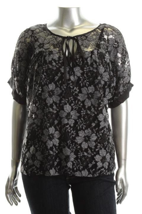 Karen Kane New First Frost Black White Lace Tie Neck Sheer Tunic Top
