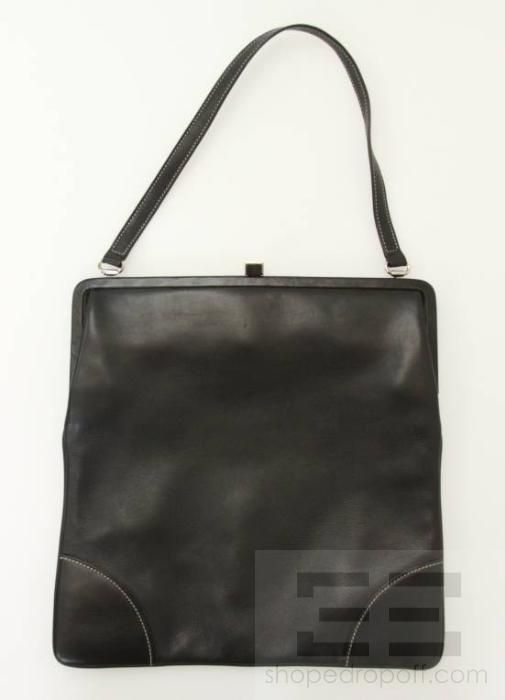 LAMBERTSON Truex Black Leather White Topstitched Frame Handbag
