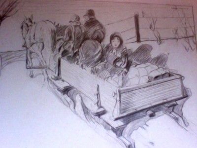 Leal Mack Original Charcoal Drawing Family Sleigh Ride