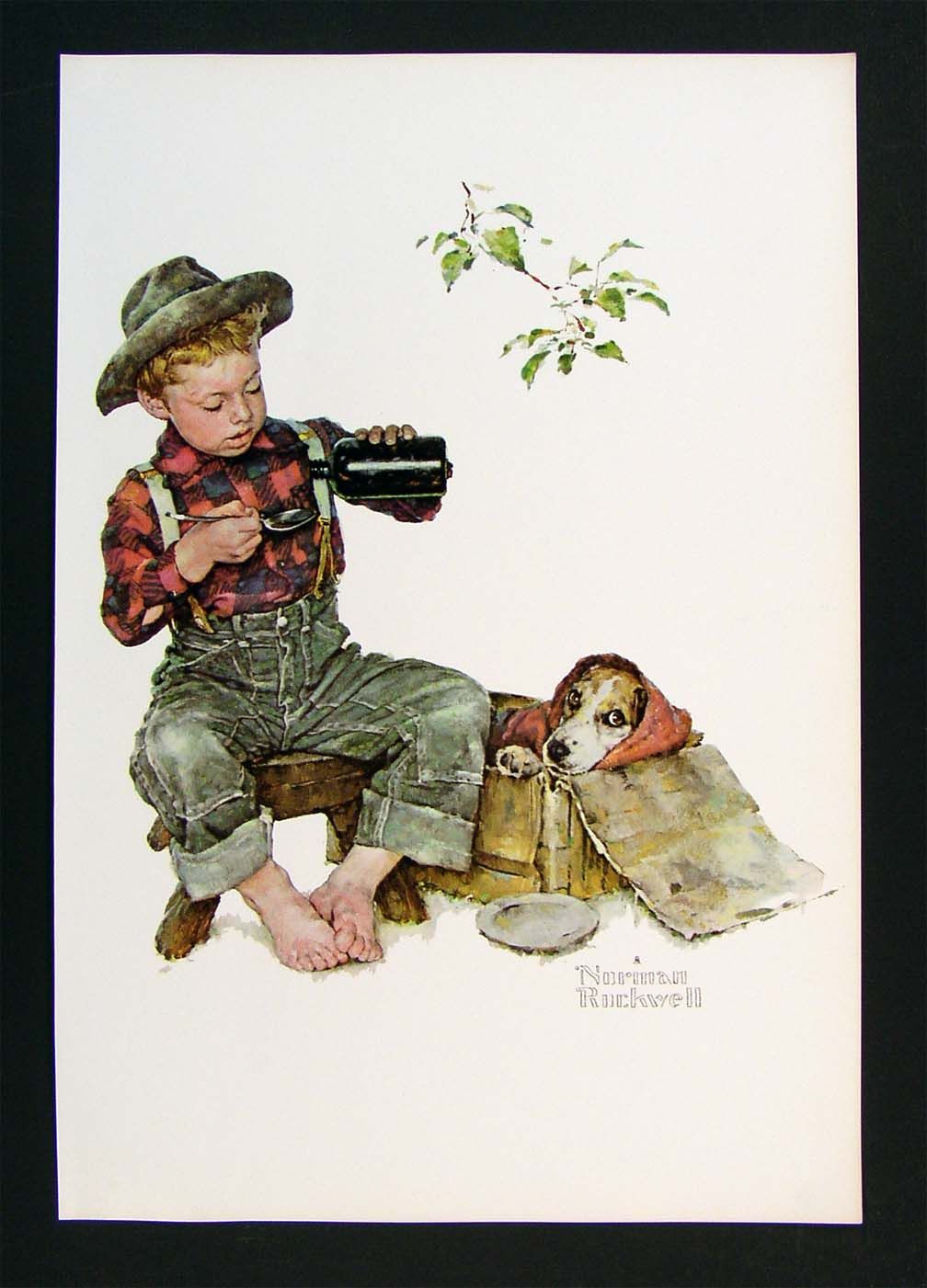 Print Spring Boy Giving Dog Medicine Beagle Vintage Reprint