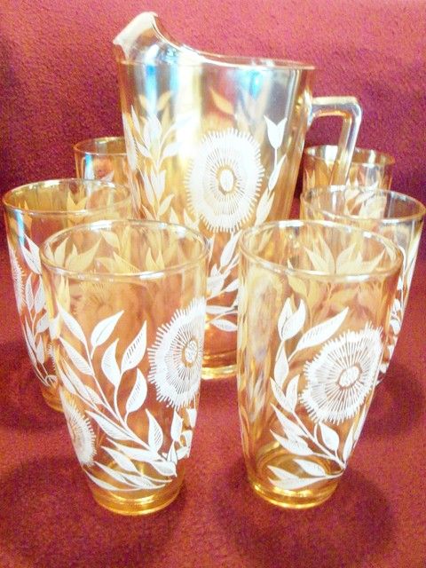 1940s Sunflower Marigold Carnival Glass Pitcher Set, Jeanette Glass Co