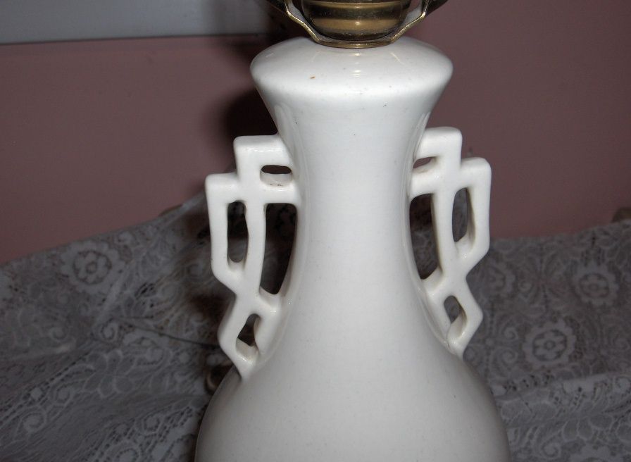 Vintage White China Table Lamp Greek Key Brass Base 1940s